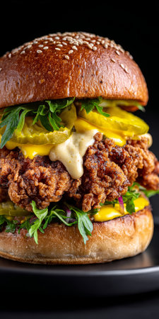 Crispy Fried Chicken Sandwich with Pickles on Soft Bun, Close-Up of Tasty Burger in Dark Settingの素材