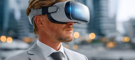 Businessman with Virtual Reality Headset in Financial District Showcasing Digital Innovation Trendsの素材