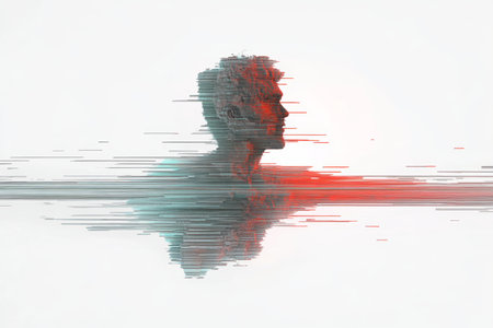 Surreal Concept of Head Disintegration Glitch Art Portrait with Vibrant Red and Blue Huesの素材