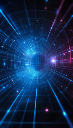 Futuristic Neon Grid Technology Display with Glowing Light Rays in a Blue Space Perspective Universeの素材