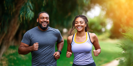 Cheerful couple in sports clothing jogging together on a scenic path surrounded by lush greenery.の素材