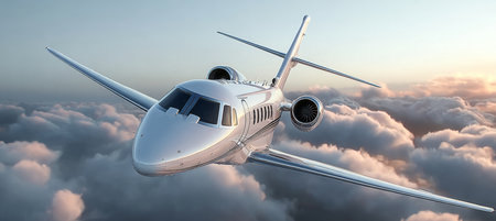 A Sleek Corporate Jet Soars Through the Clouds, Ideal for Business Travel and Modern Aviation.の素材