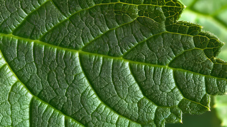 Close Up of a Lush Green Leaf Texture, Showcasing Intricate Patterns, Veins, and Cellular Detailsの素材