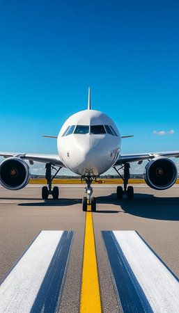 Aviation Journey Begins with a Stunning Aircraft Poised for Takeoff on the Runway Under Clear Skiesの素材