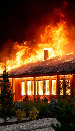 Inferno Havoc A Dramatic Night Scene of a Residential House Engulfed in Fiery Flames and Smokeの素材