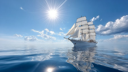 Majestic White Clipper Ship Gracefully Sailing on a Serene Ocean Under a Bright Sunny Sky Reflectionの素材