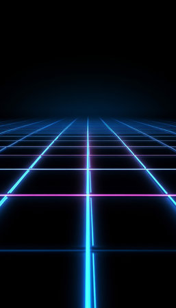 Futuristic Neon Grid Illustration with Bright Blue Light Rays and High-Tech Background Designの素材