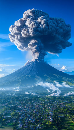 Breathtaking Volcanic Eruption Massive Ash Cloud and Smoke Plumes Erupting from the Crater s Edgeの素材