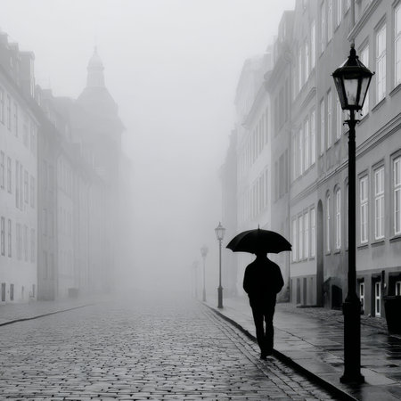 Misty City Street Scene Featuring a Lone Figure with Umbrella, Capturing Dramatic Atmosphere in B Wの素材