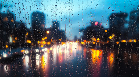Urban Dystopia A Rainy Night Cityscape with Blurred Lights Reflecting on Wet Streets and Windowsの素材