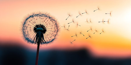 Gentle Giant, Nature Serenity Dandelion Seeds Float Serene Dreams in Magical Sunset Lightの素材
