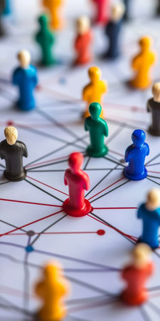 Dynamic Board Game Depicting Colorful Figurines, Connections, and Community Engagement Strategiesの素材