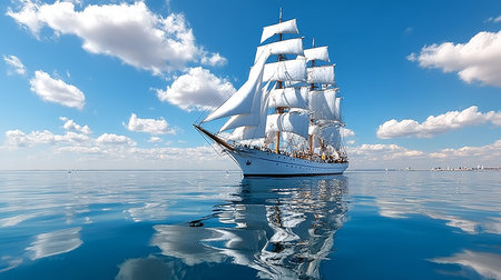 Elegant Sailboat with White Sails Sailing Calm Ocean on a Sunny Day in a Majestic Waterscapeの素材