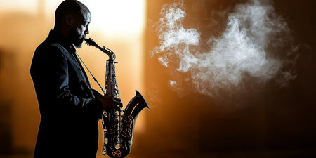 Dynamic Silhouette of a Groovy Saxophone Player Performing Jazz Music in a Smokey Club Atmosphereの素材