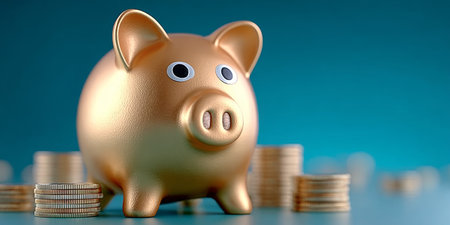 Golden Piggy Bank Surrounded by Shiny Stacked Coins Representing Financial Savings and Investmentsの素材