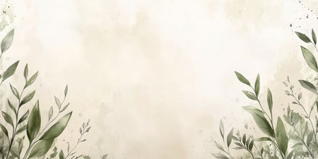 Light Beige Wash Watercolor Background with Botanical Green Leaf Details for Wedding Invitationsの素材