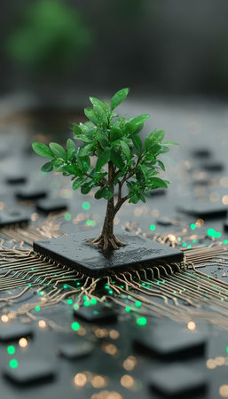 A tiny green tree sprouting from a high-tech golden circuit board, symbolizing nature and tech.の素材
