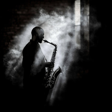 Mysterious Saxophone Music Silhouette of the Player in Dark Ambient with Captivating Melodies.の素材