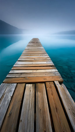 Serene Wooden Pier Extending into a Foggy Teal Lake Surrounded by Lush Greenery and Calm Watersの素材