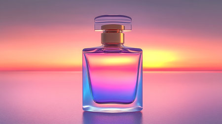 Elegant Iridescent Perfume Bottle on a Dreamy Twilight Background with Soft Colors and Golden Lidの素材