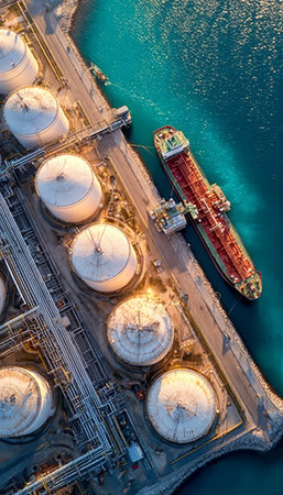 Aerial View of Oil Refinery with Docks and Vessels, Highlighting Global Energy Storage and Transportの素材