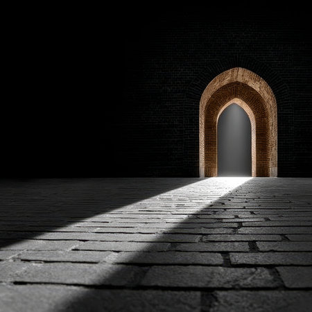 Exploring the Enigmatic Ancient Stone Archway A Journey of Light through the Dark Brick Passagewayの素材