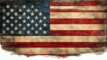 Rustic American Flag with Grunge Texture on Weathered Wood Background, Vintage Patriotic Symbolの素材