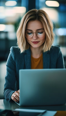 Confident Entrepreneur Analyzing Growth Statistics with Attractive Blonde Secretary at Deskの素材