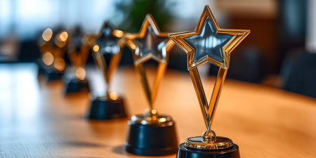 Corporate Recognition Trophies on Wooden Table Symbolizing Success and Employee Appreciationの素材