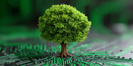 Green Technology A Vibrant Tree Growing From a Circuit Board Symbolizing Eco-Friendly Innovationの素材