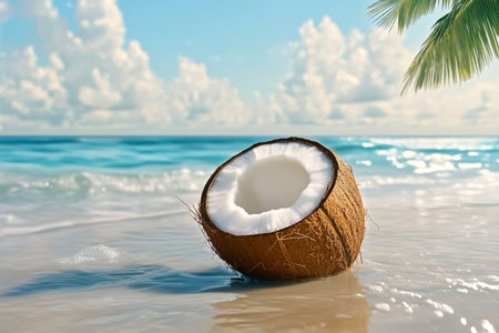 Tropical Beach Paradise with Palm Trees, Clear Water, and Refreshing Coconut Drinks for Relaxationの素材