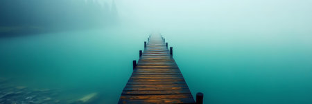 Serene Tranquil Morning on a Wooden Pier Extending Over Misty Teal Waters, Peaceful and Calm Sceneの素材