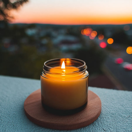 Amber Candle Creating a Romantic Atmosphere with Sunset Horizon and Warmth for Relaxation.の素材