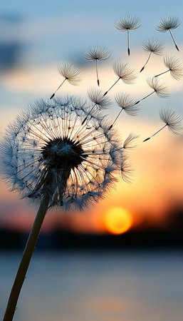 Ephemeral Beauty of a Dandelion at Golden Hour Spreading its Seeds into the Horizon s Embraceの素材