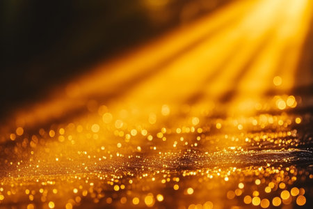 Golden Sun Rays Beaming Through Darkness with Mystical Energy and Shimmering Bokeh Highlightsの素材