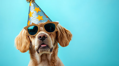 Playful Golden Retriever Puppy Wearing Birthday Hat and Sunglasses in a Bright Celebration Sceneの素材