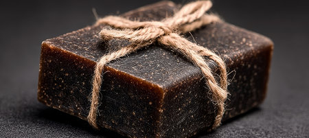 Artisanal Dark Brown Soap Bar Wrapped with Jute Twine, Perfect for Natural Beauty and Wellness Careの素材