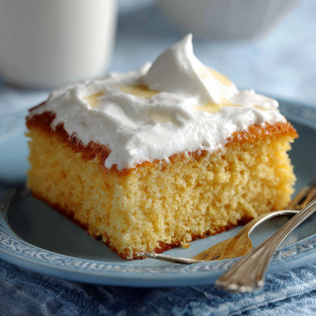 A Slice of Tres Leches Cake on a Blue Plate, a Traditional Latin American Dessert, Ready to Enjoyの素材