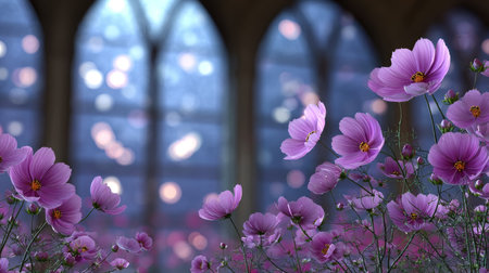 Night Spectacle of Blossoming Cosmos with Sparkling Lights and a Backdrop with Arched Windows Effectの素材