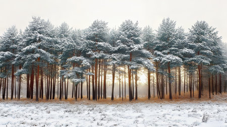 Majestic Snow-Covered Pines Bathed in Golden Sunlight at Sundown, A Winter Wonderland Sceneの素材