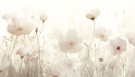 Soft Watercolor Cosmos Meadow Blossoms in Gentle Pastel Style, Blooming Floral Field Artworkの素材