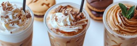 Delicious Selection of Gourmet Coffee Drinks, Iced Coffee, Frappe, Macaroons, and Sweet Treatsの素材