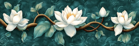Tranquil Green Backdrop with Blooming White Lilies and Soft Turquoise Artistic Elements for Serenityの素材