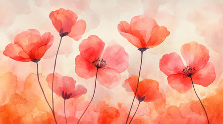 Vibrant Floral Fantasy Watercolor Painting with Orange and Peach Flowers for Creative Canvas Printsの素材