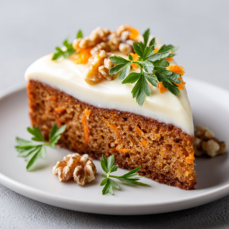 Delicious Slice of Homemade Carrot Cake with Cream Cheese Frosting and Chopped Walnuts Toppingの素材