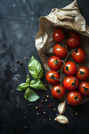 Vibrant Cherry Tomatoes, Fresh Basil, and Garlic on Rustic Paper for Inspiring Culinary Creationsの素材