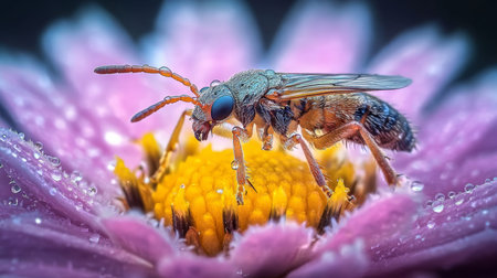 Close-Up of a Colorful Flower with a Small Insect Highlighting Its Intricate Patterns in Natureの素材