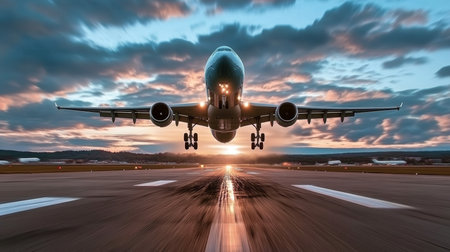 A Commercial Airplane Ascending into the Dawn Sky, Symbolizing New Beginnings and Exciting Journeysの素材
