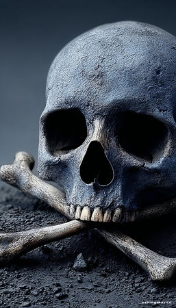 Skull and Crossbones Symbol on Dark Background, Representing Death and Mystery with Pale Blue Shadeの素材