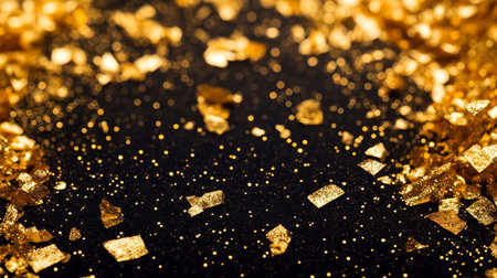 Luxurious Golden Glitter Confetti on a Dark Backdrop, Brilliant Holiday Sparkle and Glamourの素材